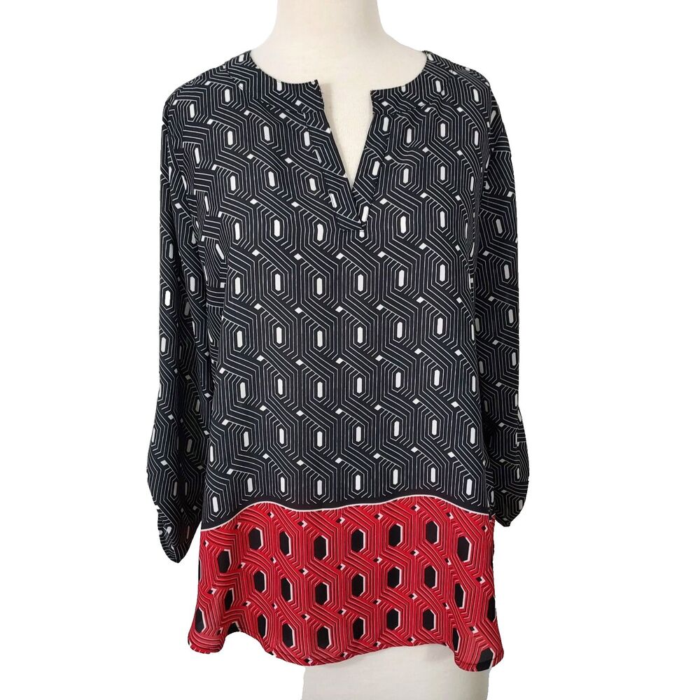 Cato Sheer Tunic Top Shirt Women Size Large 3/4 Roll Up Sleeve Tab Black Red